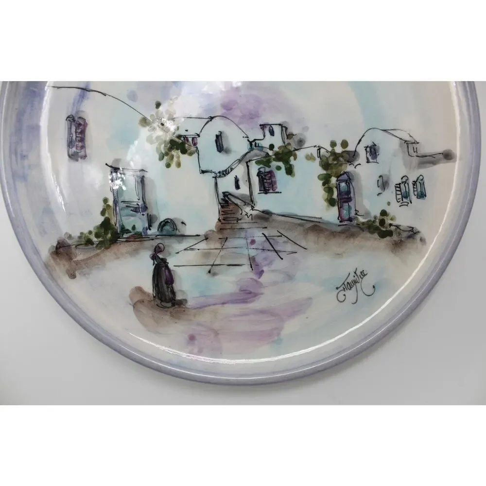 Vtg‎ Signed Hand Painted Water Color Greece Scene Glazed Ceramic Plate Decor